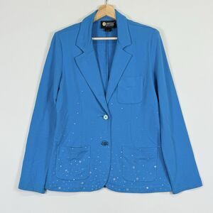 Christine Alexander Teal Blue Rhinestone Ponte Knit Blazer Jacket Women's Medium